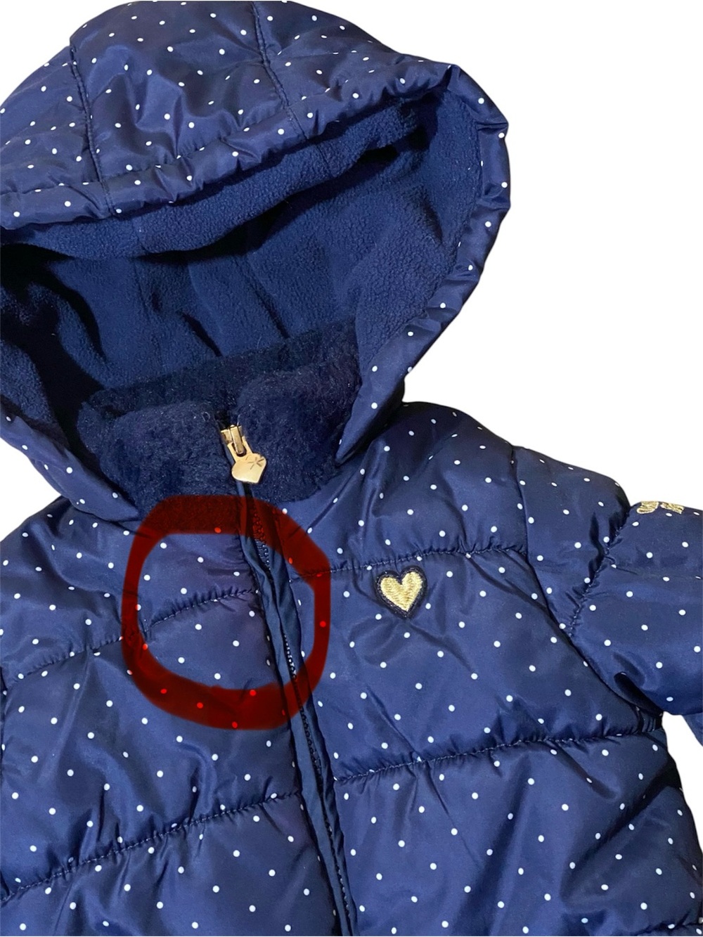 OshKosh B’gosh Girls Puffer Coat 4T Navy Polka Dot Fleece Lined Hood Winter - Picture 2 of 8